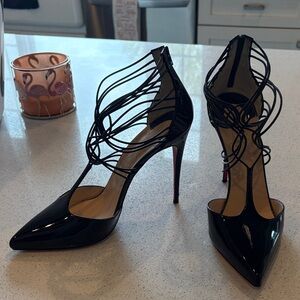 Christian Louboutin Black Patent Strappy Pointed-Toe Stilettos with Red Soles